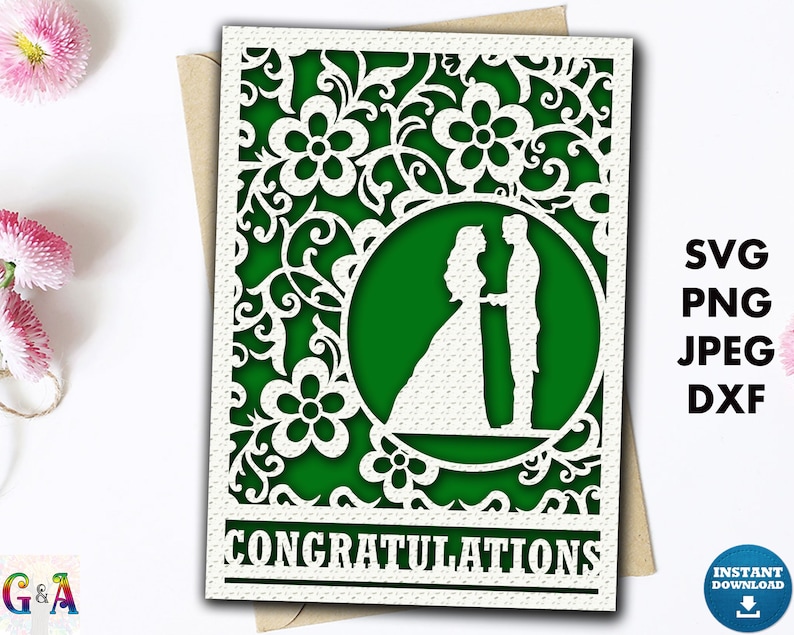 Congratulations Wedding shower card svg, Cricut Wedding card cut file, Congrats engagement card template with envelope, Greeting card svg image 3