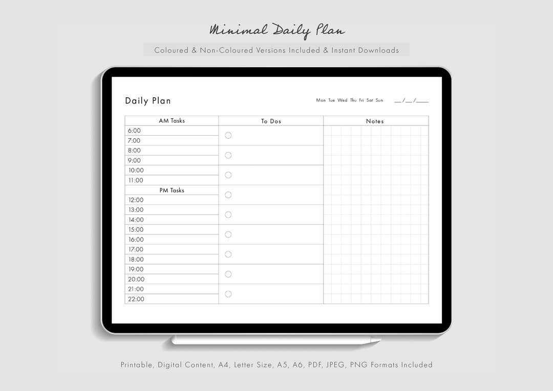 Daily Plan Printable Digital Download Template A4 Letter Size A5 A6 ...
