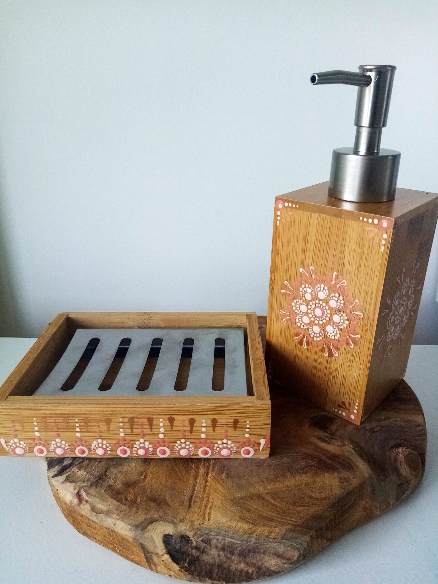 Distributeur de Savon, Porte Savon en Bois Peint à La Main Mandala, Salle Bain