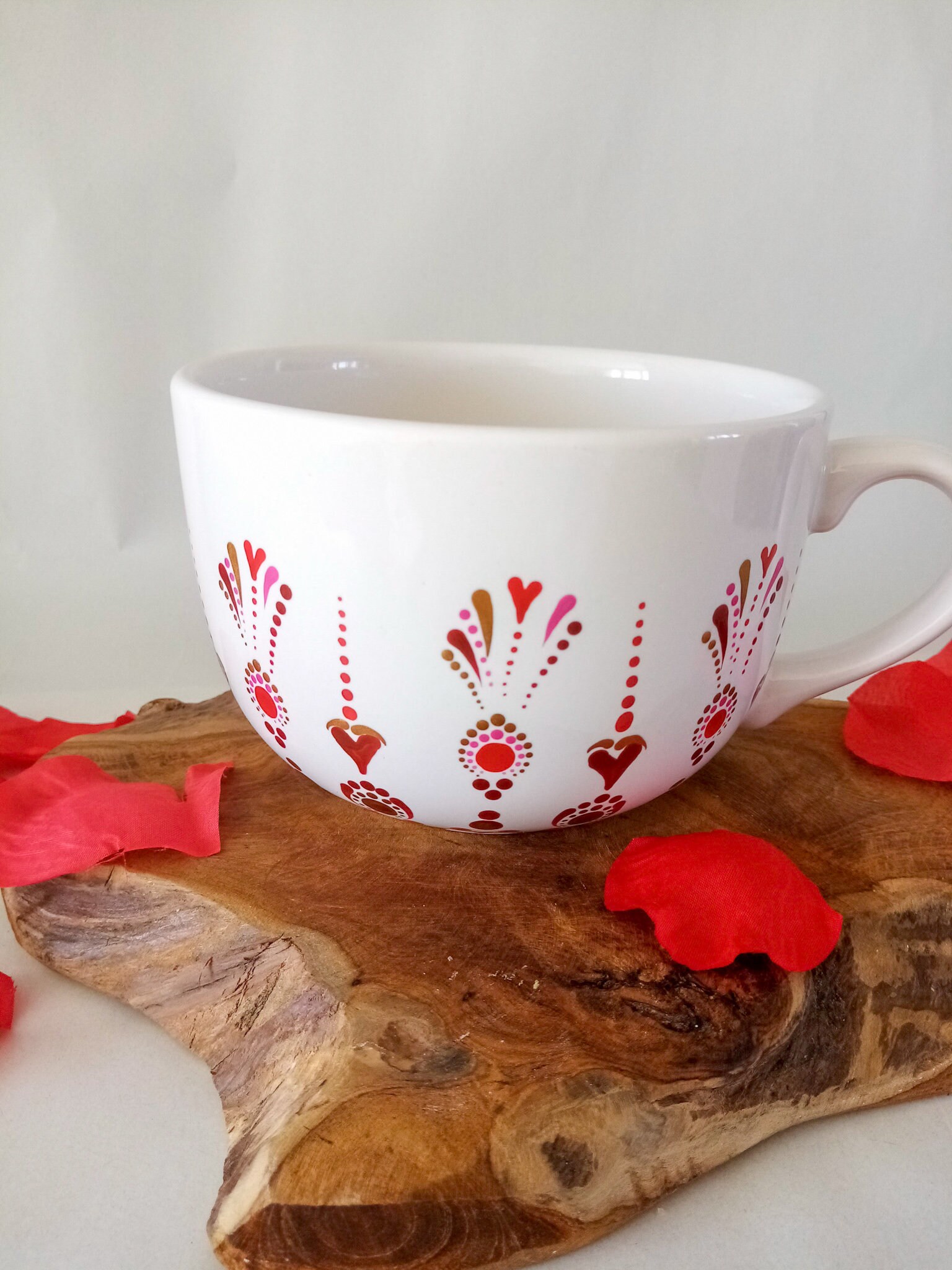 Déjeuner en Porcelaine Blanche Peinte à La Main Coeur, Grand Mug ou Bol