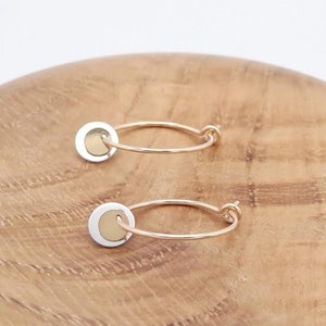 May include: A pair of gold hoop earrings with a small, round, silver and gold disc charm attached to each hoop.