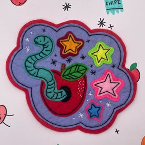 Handmade OOAK Apple Wormy Friend sew-on Felt Patch