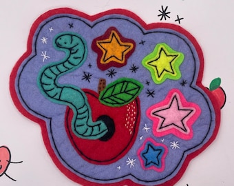 Handmade OOAK Apple Wormy Friend sew-on Felt Patch