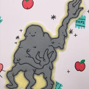 May include: A grey cartoon monster with a yellow border and a smiling face. The artwork is on a white background with red apple illustrations, black crosses, asterisks, and teal "CHIPZ" labels.