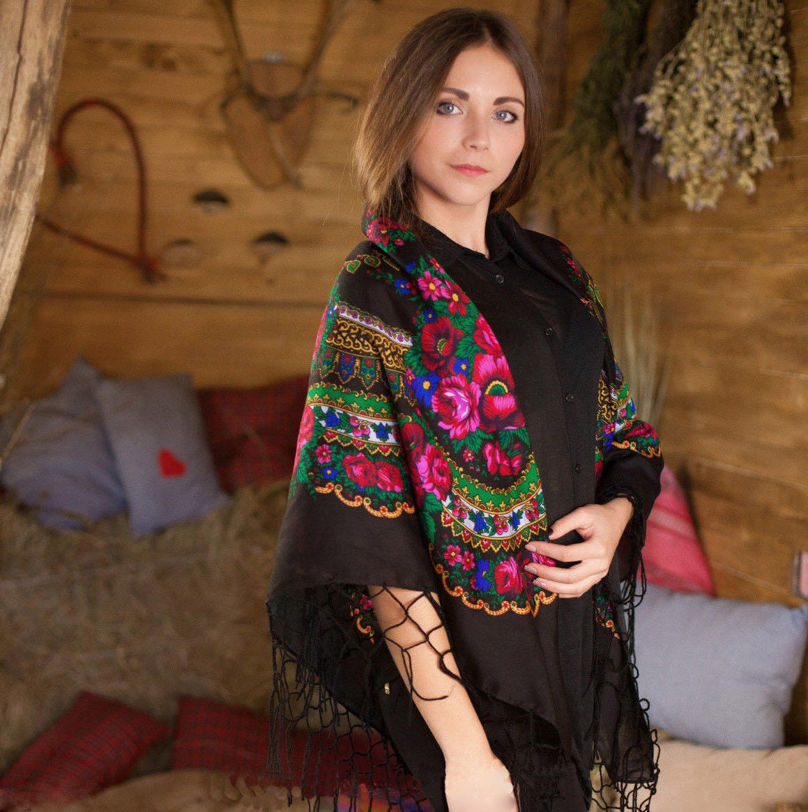 Black Floral Ukrainian Shawl With Tassels Folk Scarf Boho - Etsy