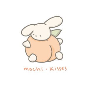 May include: A cartoon illustration of a white rabbit wearing a peach costume. The rabbit is sitting with its legs crossed and has a cute expression on its face. The text "mochi. Kisses" is written below the rabbit.