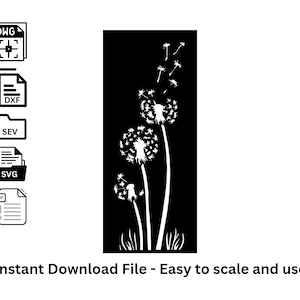 Puede incluir: Gráfico en blanco y negro de dientes de león. La imagen presenta tres dientes de león con cabezas de semillas esponjosas y tallos sobre un fondo negro. El texto "Instant Download File - Easy to scale and use" está en la parte inferior.