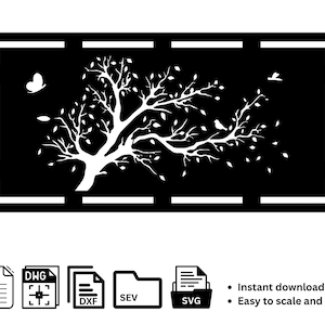 Könnte beinhalten: Schwarz-weiße Baum-Silhouette mit Schmetterling und Vogel, in einem rechteckigen Rahmen. Das Bild enthält Dateityp-Symbole für PDF, DWG, DXF, SEV und SVG, zusammen mit dem Text "Instant download File" und "Easy to scale and use."