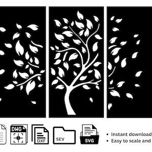 May include: A three-panelled black and white tree design. The tree features a thick trunk and branches with leaves scattered in the wind. Includes file type icons and the text "Instant download File" and "Easy to scale and use."