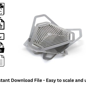 Puede incluir: Un conjunto de formas geométricas de acero inoxidable, posiblemente para una cocina o un diseño industrial. Las formas incluyen un filtro triangular con un diseño ranurado y un asa. La imagen también incluye iconos de tipo de archivo y el texto "Instant Download File - Easy to scale and use."
