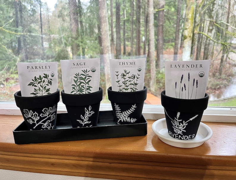 May include: Four small black pots with white painted designs on a black tray. Each pot has a white label with the name of an herb: Parsley, Sage, Thyme, and Lavender.