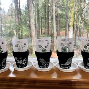 May include: Five black terracotta pots with white painted details, each containing a different herb plant. The pots are labeled with the names of the herbs: Thai Basil, Dill, Oregano, Chives, and Cilantro.
