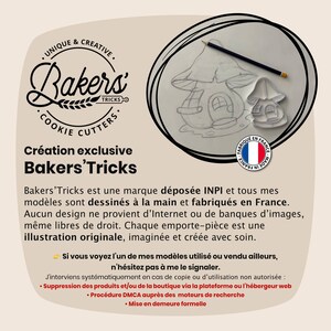 An information card displays the Bakers Tricks logo, a sketch of a mushroom house cookie cutter with its matching tool, and French text.