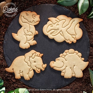 Peut inclure: Quatre emportes-pièces en forme de dinosaure sur une surface en ardoise noire. Les emportes-pièces sont en métal et sont prêts à être utilisés pour créer de délicieux biscuits en forme de dinosaure.