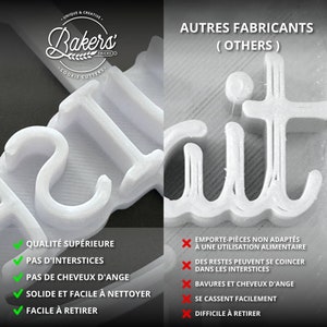May include: A side-by-side comparison of two cookie cutters, one with the word "lait" in a cursive font. The left cutter is white and has a smooth finish. The right cutter is white and has a rougher finish. The left cutter is labeled "Quality Superior, No Interstices, No Angel Hair, Solid and Easy to Clean, Easy to Remove". The right cutter is labeled "Non-Food Safe, Can Get Stuck, Burr and Angel Hair, Breaks Easily, Difficult to Remove".