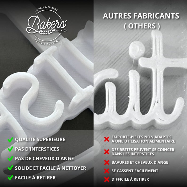 May include: A side-by-side comparison of two cookie cutters, one with the word "lait" in a cursive font. The left cutter is white and has a smooth finish. The right cutter is white and has a rougher finish. The left cutter is labeled "Quality Superior, No Interstices, No Angel Hair, Solid and Easy to Clean, Easy to Remove". The right cutter is labeled "Non-Food Safe, Can Get Stuck, Burr and Angel Hair, Breaks Easily, Difficult to Remove".