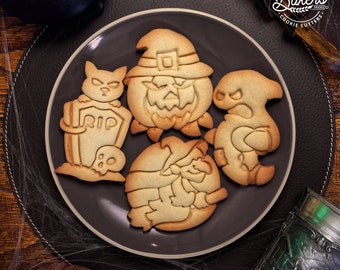 Set of 4 cookie cutters - Halloween: Pumpkin / Ghost / Witch / Cat on tombstone - Original creations by Bakers'Tricks