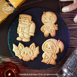 Lot de 4 Emporte-pièces Halloween | Monstre de Frankenstein, Chauve-souris, Poupée vaudou, Petite Mort | Plastique alimentaire biosourcé