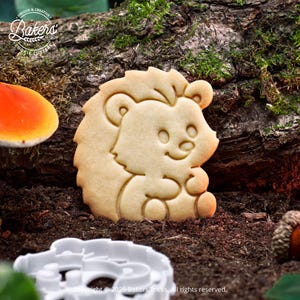 Peut inclure: Un biscuit en forme de hérisson souriant, posé sur de la terre. Un emporte-pièce en plastique blanc est au premier plan. Le biscuit est brun clair, et l'arrière-plan comprend un champignon et une bûche.