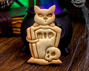 Cat on Tombstone Cookie Cutter | Spooky Cat Cookies | Halloween Baking | Cute Gothic Treats | Recipe Included