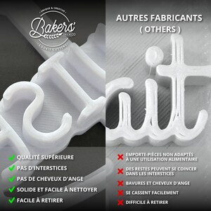May include: A side-by-side comparison of two cookie cutters, one with the word "lait" in a cursive font. The left cutter is white and has a smooth finish. The right cutter is white and has a rougher finish. The left cutter is labeled "Quality Superior, No Interstices, No Angel Hair, Solid and Easy to Clean, Easy to Remove". The right cutter is labeled "Non-Food Safe, Can Get Stuck, Burr and Angel Hair, Breaks Easily, Difficult to Remove".