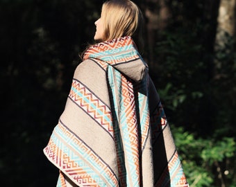 Handmade Lambswool Poncho Cape: Native Southwest Hooded Coat