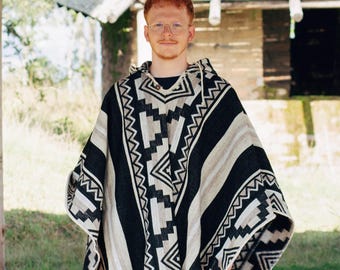 Handmade Wool Poncho Cape with Hood, Southwest Tribal Unisex Coat