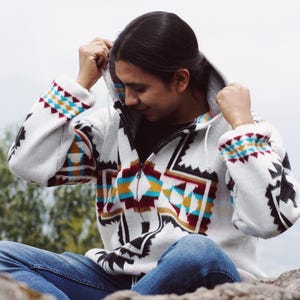 Native Southwestern Alpaca Wool Jacket: Aztec Boho Knit, Native American Style Coat