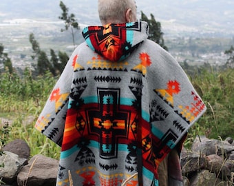 Wool Blend Boho Poncho: Chief Joseph Cross Design, Fringe Trim