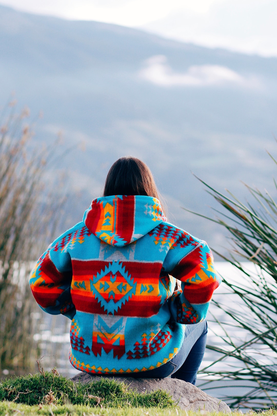 Ameri　CHECK ECO WOOL BIG JACKET Native Southwestern Alpaca Wool Jacket: Indigenous Design,native
