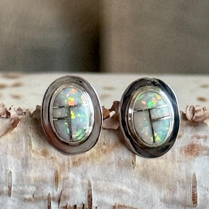 Sterling Silver White Opal Inlay Stud Earrings – Handmade Oval Earrings