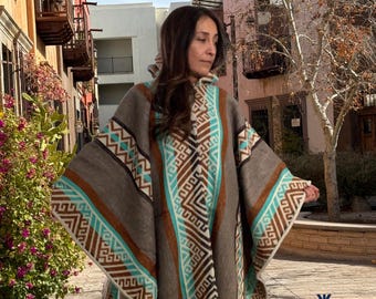 Südwestern Kapuzen Poncho, Alpaka Wolle Boho Cape, Western Festival Mantel, Unisex handgefertigter Tribal Umhang