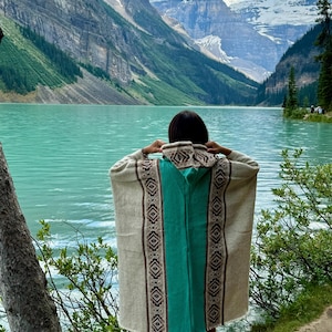 Hand Loomed Wool Poncho: Indigenous Geometric Design, Boho Cape