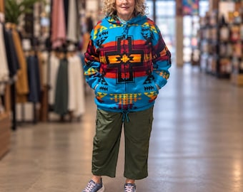 Handmade Alpaca Wool Zip Hoodie, Indigenous Geometric Jacket, Unisex Southwestern Coat