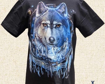 Camiseta gráfica Wolf Dreamcatcher - Camiseta de algodão com inspiração nativa