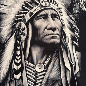 May include: Black and white illustration of a Native American man wearing a headdress with feathers. He is wearing a beaded necklace and has a serious expression on his face.
