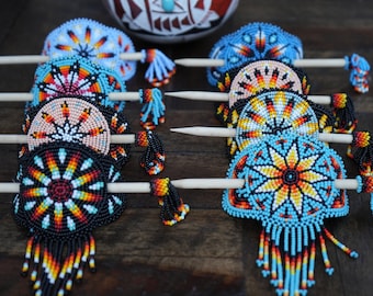 Hand made Beaded Barrette, Beaded Hair Barrettes, Indigenous Beaded Hair Bun with Sticks, Navajo Beaded Barrette, Loom Beaded Barrette