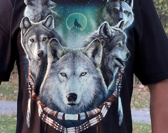 Camiseta 3D Alcateia de Lobos: Camiseta de Algodão Orgânico com Estampa de Animal Espiritual Místico