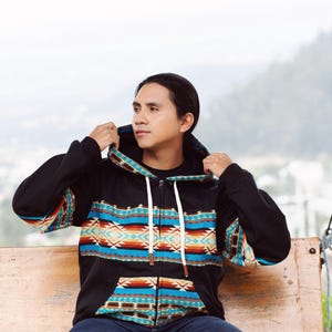 トップス Tribal Zip Up Hooded Sweatshirt Vintage Tribal Gear Full Zip Blue Hoodie Tribal USA Y2K