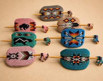 Handmade Beaded Hair Barrette with Stick, Native Inspired Bun Holder, Tribal Boho Clip