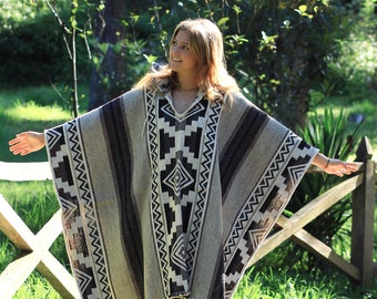 Native Southwest Wool Poncho Cape with Hood Handmade Unisex Coat