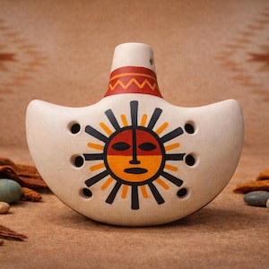 May include: Cream-colored ceramic ocarina with a sun design. The sun has a red and orange face with black rays. The ocarina has six holes and a decorative red and orange band around the neck. The background is a textured brown fabric.
