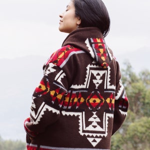 Aztec Print Full Zip Jacket / Native Pattern Winter Coat/ Wool Blend / Southwestern Geometric Knit Outerwear
