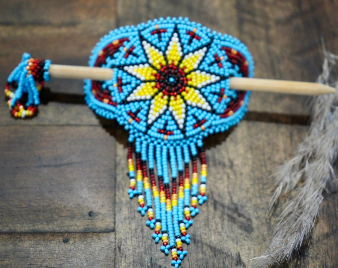 Beaded Hair Barrette With Stick, Native American Style Hair 