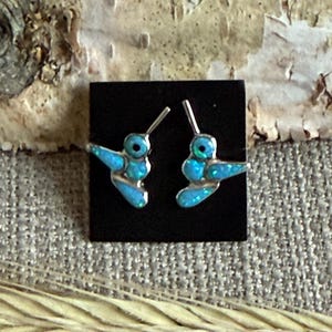 Sterling Silver Hummingbird Stud Earrings – Opal Inlay Handmade Jewelry, Sterling Silver Bird Studs,Indigenous Made, Southwest Jewelry