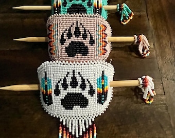 Hand made Beaded Barrette, Beaded Hair Barrettes, Indigenous Beaded Hair Bun with Sticks, Navajo Beaded Barrette, Hair Accessory