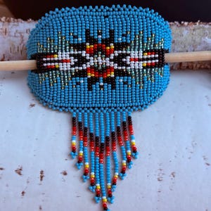 Hand made Beaded Barrette, Beaded Hair Barrettes, Indigenous Beaded Hair Bun with Sticks, Navajo Beaded Barrette, Powow Dance and Festival