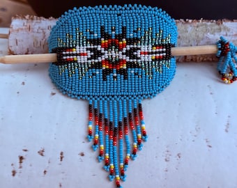 Handmade Beaded Hair Pin, Indigenous Style Barrette, Boho Bun Holder, Artisan Hair Jewelry