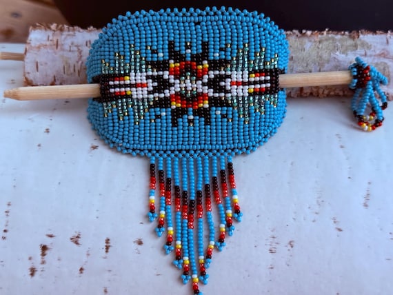 Handmade Beaded Barrette, Indigenous Hair Bun With Sticks - Etsy display picture 2