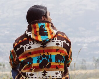 Chaqueta estilo suroeste de lana de alpaca: diseño indígena, abrigo estilo nativo americano